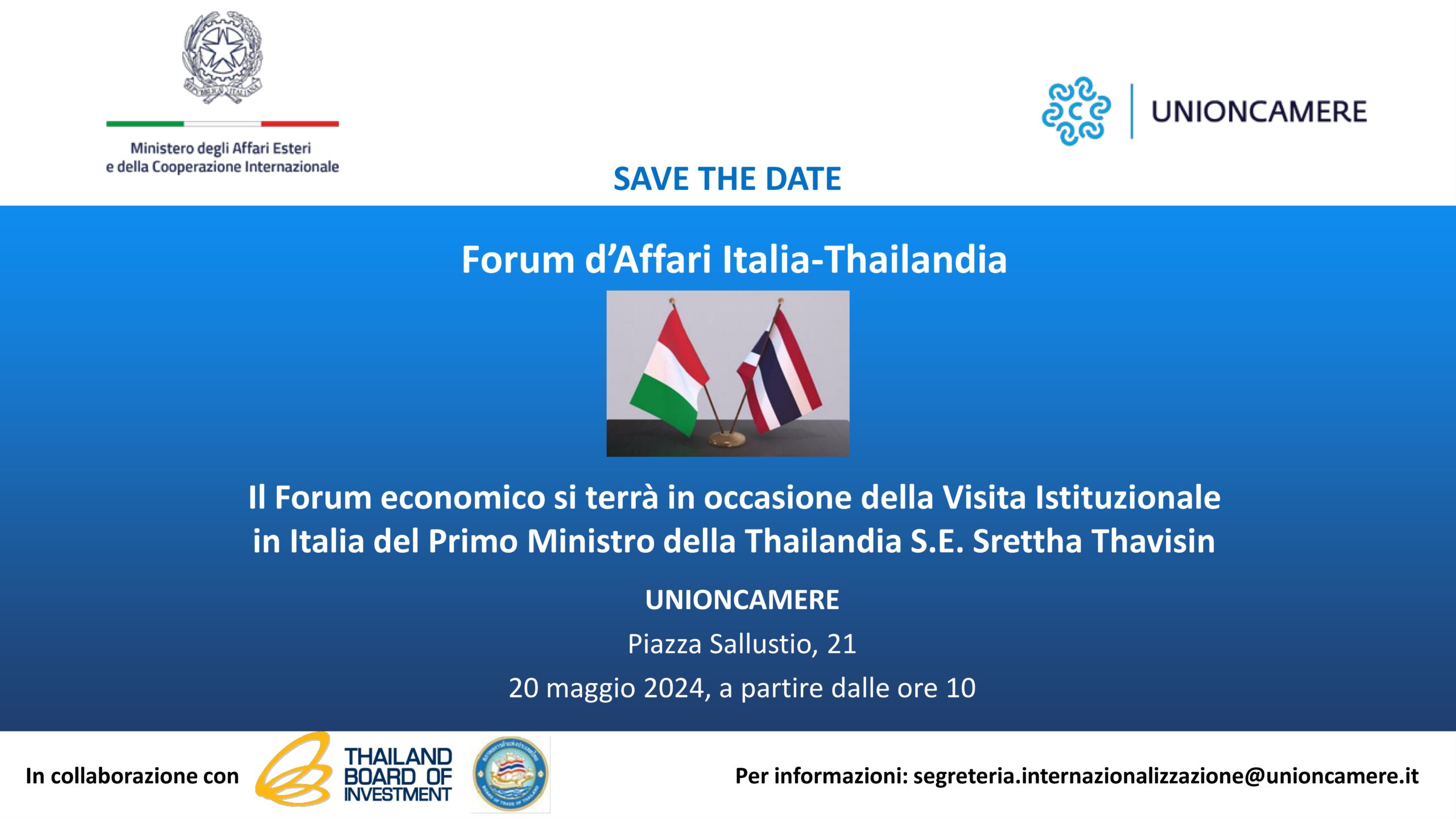 Forum d’Affari Italia-Thailandia a Roma il 20 maggio